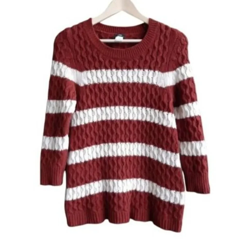 J.Crew 100% Merino Wool Chunky Cable Knit Sweater Small Brown Striped Preppy